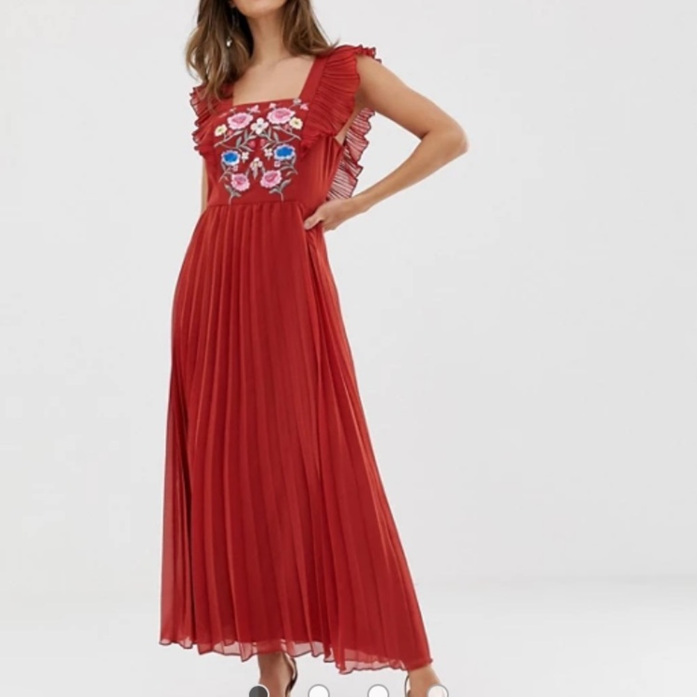 ASOS floral embroidered ruffle pleat maxi dress